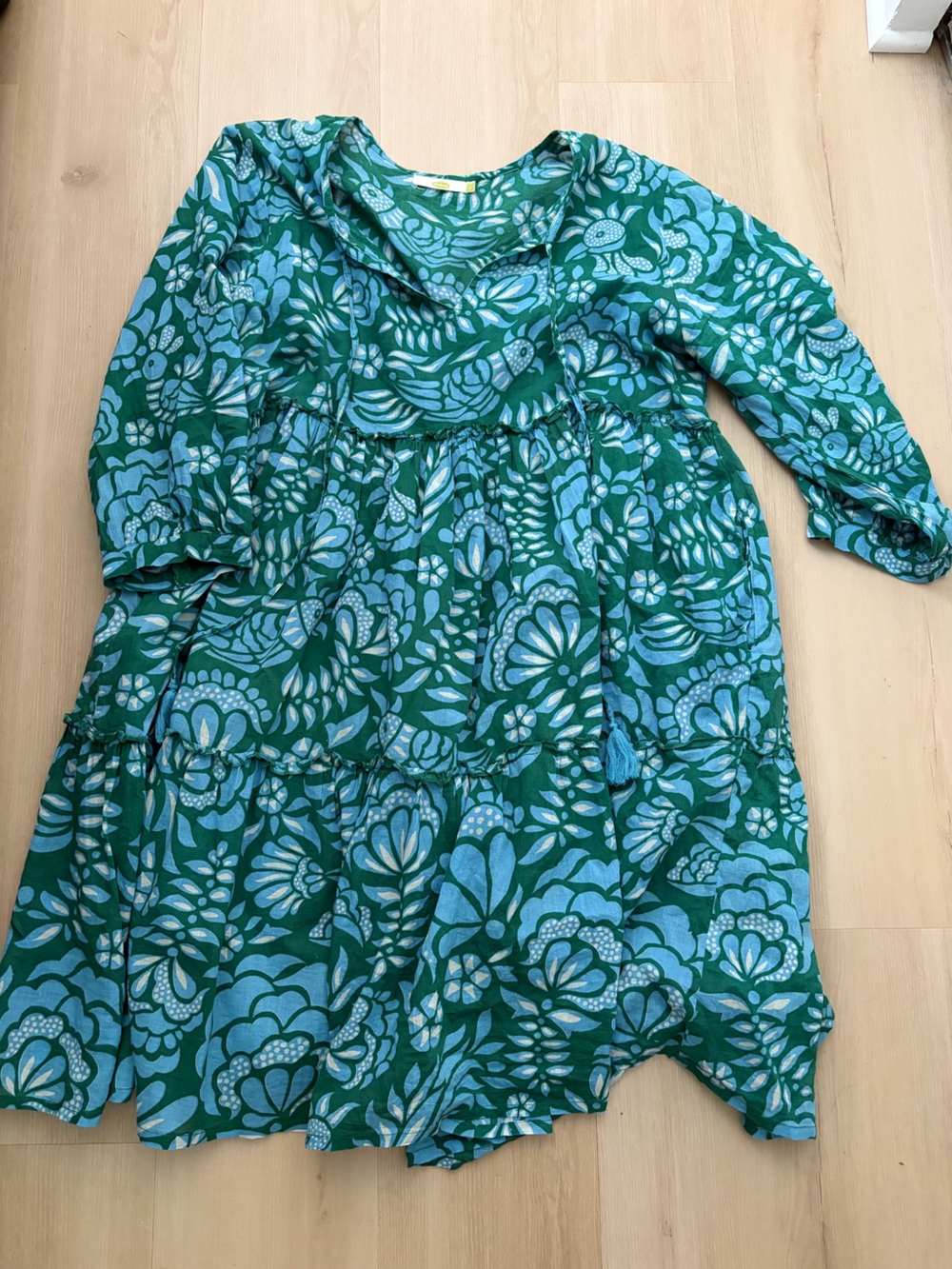 Dolma Green & Light Blue Floral and bird Tiered Dress - 100% cotton